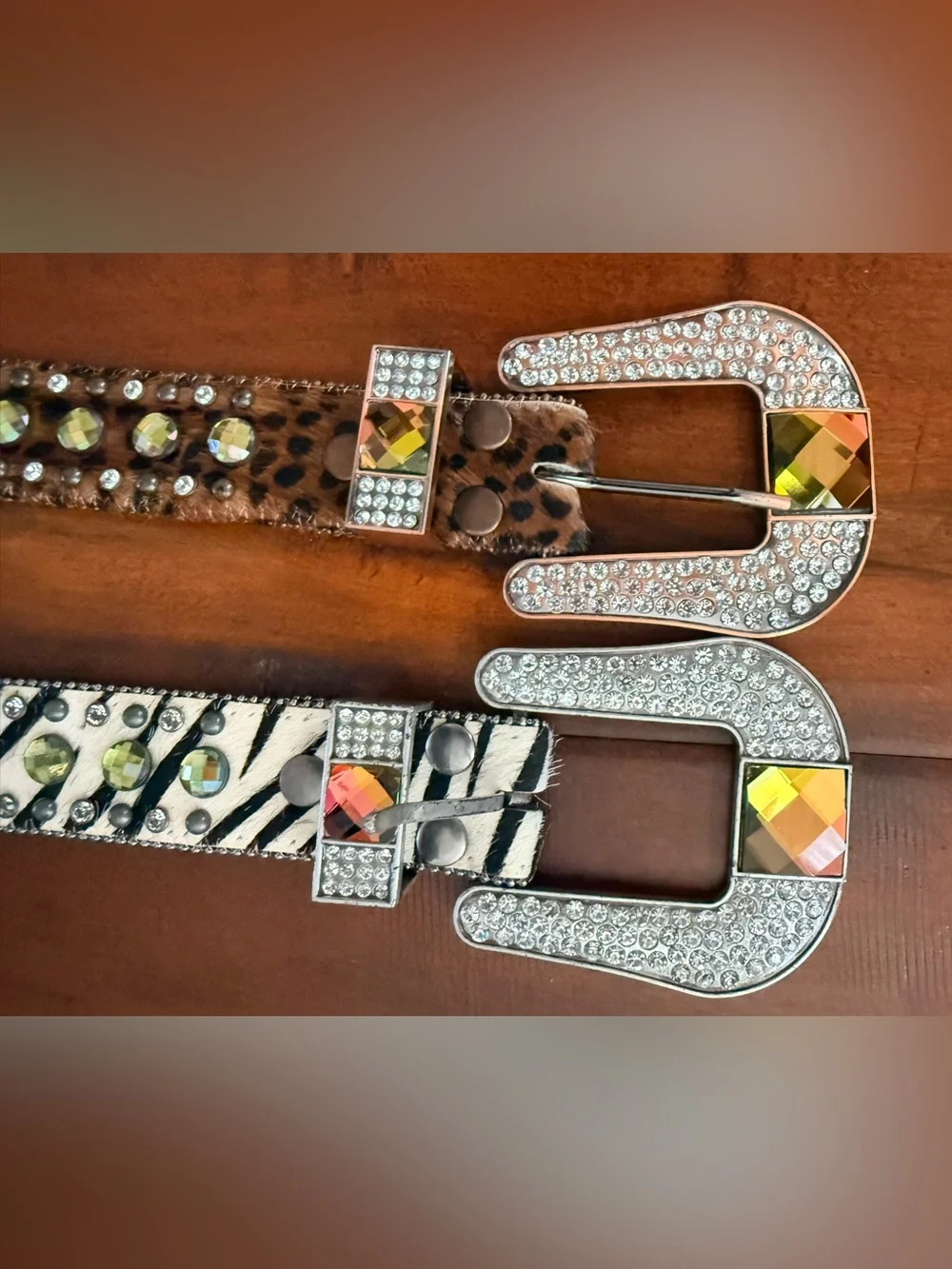 Nocona Zebra & Leopard Crystal-Embellished Belts with Yellow and Pink Stones